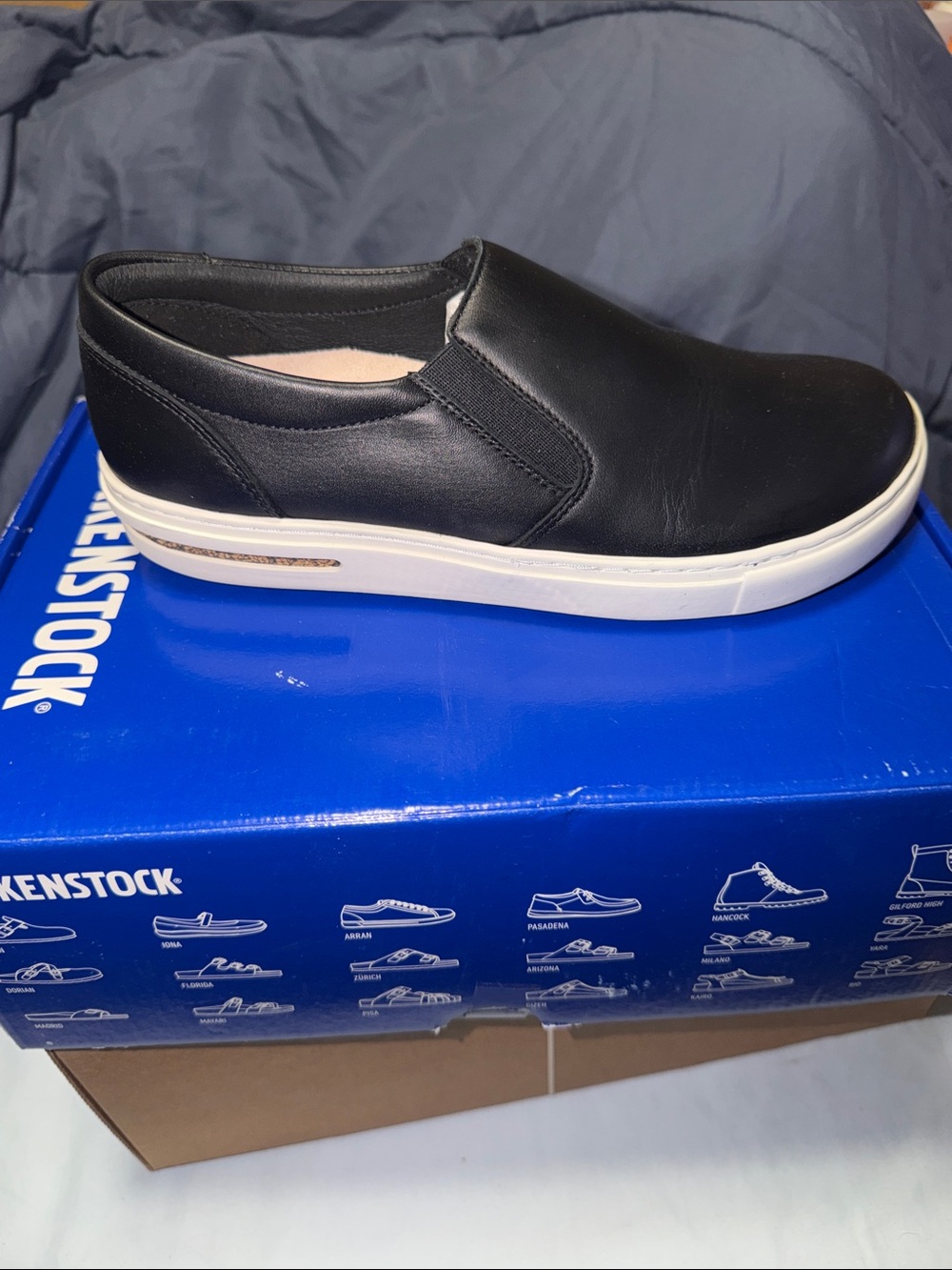 Birkenstock Women's Black Slip-On Leather Sneakers with White Sole - Picture 4 of 5